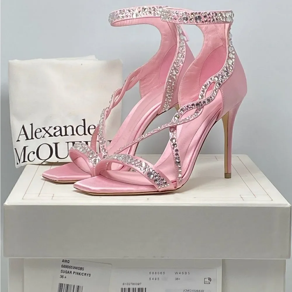 Alexander McQueen Crystal Satin Ankle-Cuff Cocktail Sandals size 36.5